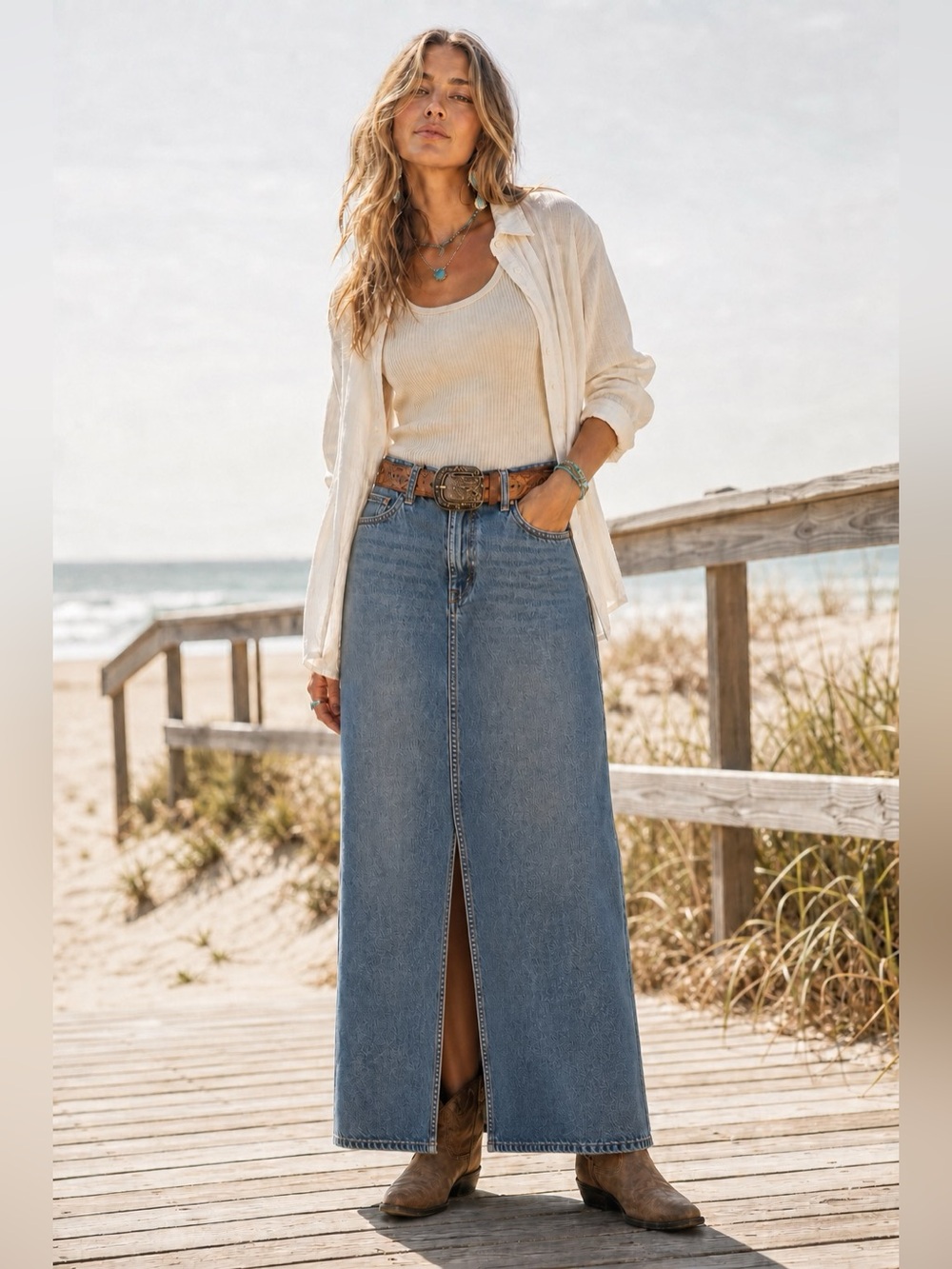 Vintage Y2K Gap Jeans Denim Maxi Skirt Womens Size 16 Front Slit 100% Cotton